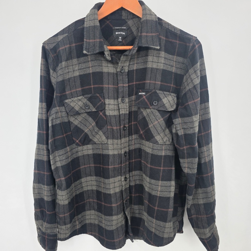 Brixton Bowery Flannel Shirt Mens Grey Black Plaid Long Sleeve Button Down Med